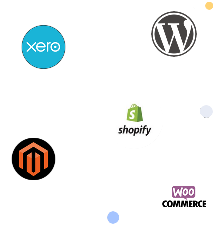 Xero logo, Magento logo, WooCommerce logo, Shopify logo, WordPress logo,  integrate with PayFast and accept online payments